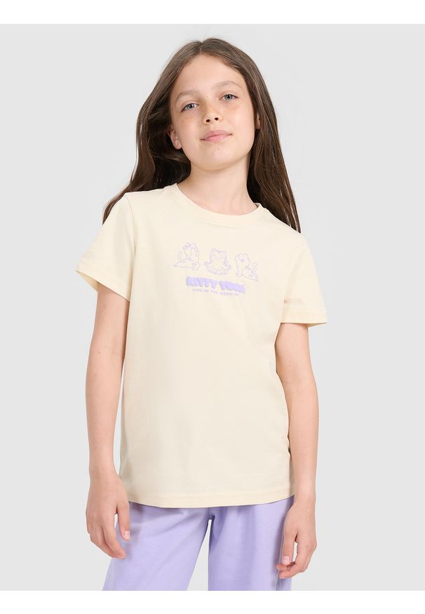 4f - 4F T-shirt regular z nadrukiem dziewczęcy - żółty 164 (13-14 lat). Okazja: na co dzień. Kolor: żółty. Materiał: jersey, bawełna, materiał. Długość rękawa: krótki rękaw. Długość: krótkie. Wzór: nadruk. Sezon: lato. Styl: sportowy, młodzieżowy, klasyczny, casual