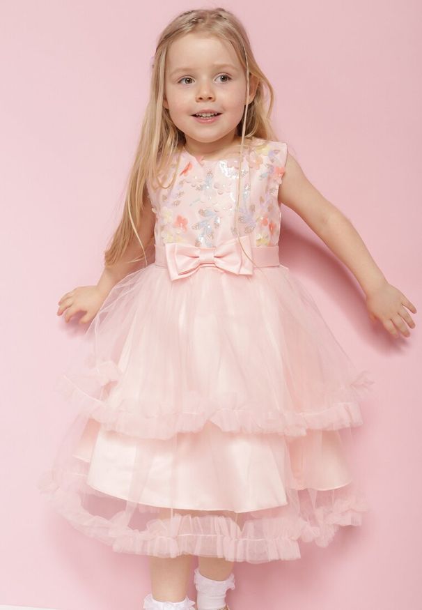 Born2be - Jasnoróżowa Rozkloszowana Sukienka Tiulowa z Ozdobną Kokardą i Cekinami Repita. Typ kołnierza: kokarda. Kolor: różowy. Materiał: tiul. Wzór: aplikacja