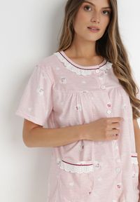 Born2be - Jasnoróżowy Komplet Piżamowy Womley. Kolor: różowy. Materiał: bawełna, tkanina, koronka. Długość: długie. Wzór: kwiaty, nadruk #4