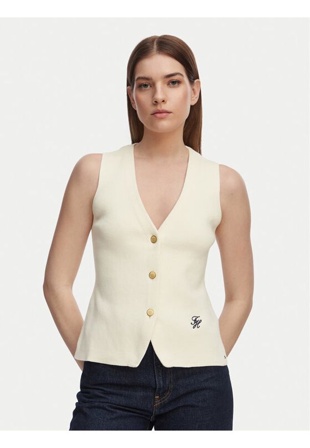 TOMMY HILFIGER - Tommy Hilfiger Top WW0WW49707 Beżowy jasny Slim Fit. Kolor: beżowy. Materiał: bawełna