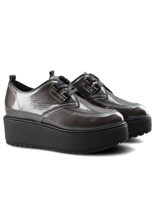 CheBello - Szare Półbuty Chebello Damskie Buty Na Platformie. Okazja: na co dzień. Zapięcie: sznurówki. Kolor: szary. Materiał: skóra, lakier. Szerokość cholewki: normalna. Obcas: na platformie. Styl: elegancki, casual, klasyczny. Wysokość obcasa: średni