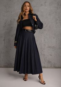 Renee - Granatowy Komplet z Bawełniano-Wiskozowej Imitacji Jeansu z Koszulą i Spódnicą z Paskiem Andaig. Kolor: niebieski. Materiał: wiskoza, jeans, bawełna #3