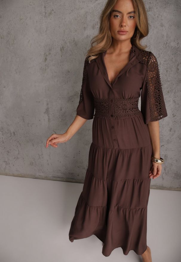 Renee - Brązowa Boho Sukienka z Wiskozą o Rozkloszowanym Kroju z Ażurowymi Wstawkami Idacea. Kolor: brązowy. Materiał: wiskoza. Wzór: ażurowy. Typ sukienki: rozkloszowane. Styl: boho. Długość: maxi