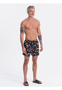 Ombre Clothing - Szorty męskie kąpielówki w tukany - czarno-granatowe V1 OM-SRBS-0140 - XXL. Okazja: na plażę. Kolor: niebieski. Materiał: materiał, poliester #7