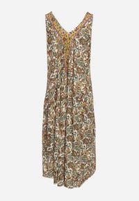 Born2be - Zielono-Beżowa Rozkloszowana Wiskozowa Sukienka Bez Rękawów Eladea. Okazja: na co dzień. Kolor: zielony. Materiał: wiskoza. Długość rękawa: bez rękawów. Typ sukienki: proste. Styl: elegancki, casual, klasyczny #4