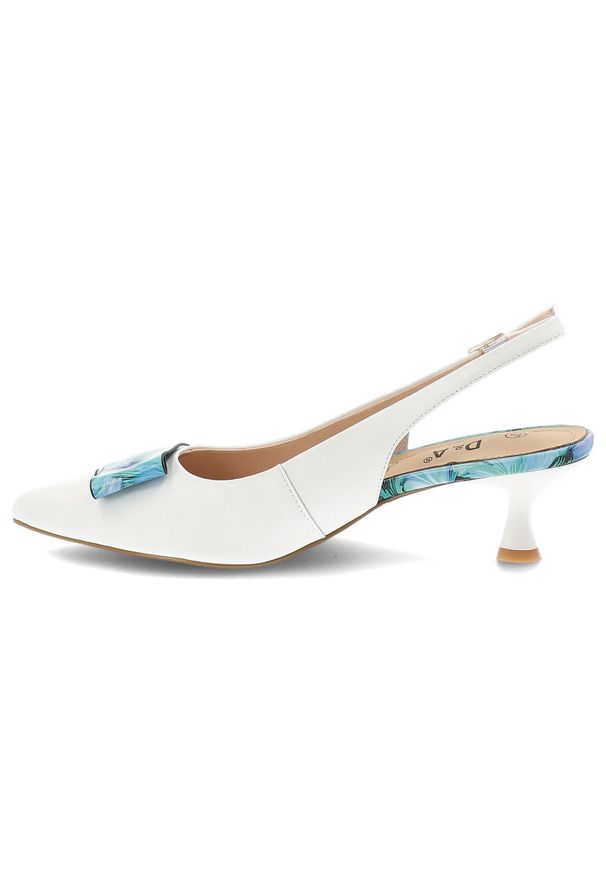 Czółenka damskie S.Barski, slingback ze skóry naturalnej z dekoracyjną aplikacją na niskim obcasie zapinane sprzączką, białe, LZ61-2006. Okazja: na ślub cywilny, na imprezę, na wesele. Zapięcie: sprzączka. Kolor: biały. Materiał: skóra. Wzór: aplikacja. Obcas: na obcasie. Styl: elegancki. Wysokość obcasa: niski