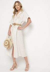 Born2be - Beżowa Wiskozowa Sukienka Koszulowa z Lnem Zdobiona Haftem i Paskiem Atelinda. Okazja: na co dzień, do pracy. Typ kołnierza: kołnierzyk klasyczny. Kolor: beżowy. Wzór: aplikacja, haft. Typ sukienki: koszulowe. Materiał: len, wiskoza. Długość rękawa: krótki rękaw. Sezon: lato. Styl: klasyczny, casual, elegancki #5