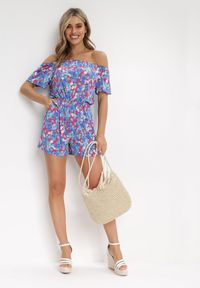 Born2be - Niebiesko-Czerwoni Kombinezon w Kwiaty z Hiszpańskim Dekoltem i Gumką w Talii Eleanodora. Kolor: niebieski. Długość: krótkie. Wzór: kwiaty. Sezon: lato #5
