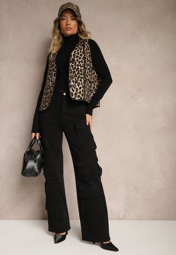 Renee - Brązowa Panterkowa Kamizelka z Wiskozą i Ozdobnymi Przeszyciami Rinnice. Okazja: na co dzień. Kolor: brązowy. Materiał: wiskoza. Styl: casual