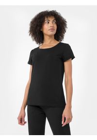 4f - T-shirt regular gładki damski. Kolor: czarny. Materiał: bawełna, elastan. Wzór: gładki