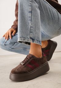 Born2be - Brązowe Zamszowe Sneakersy na Grubej Podeszwie z Paskami Arathyra. Okazja: na co dzień. Zapięcie: pasek. Kolor: brązowy. Materiał: zamsz. Wzór: paski #5