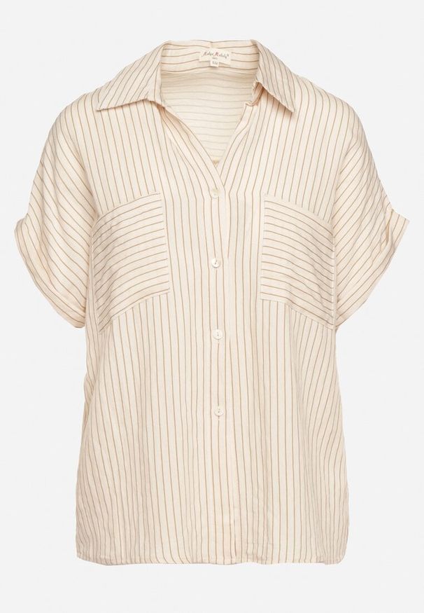 Born2be - Beżowa Koszula w Paski z Kołnierzem Vimere. Kolor: beżowy. Materiał: wiskoza. Wzór: paski. Styl: klasyczny, elegancki