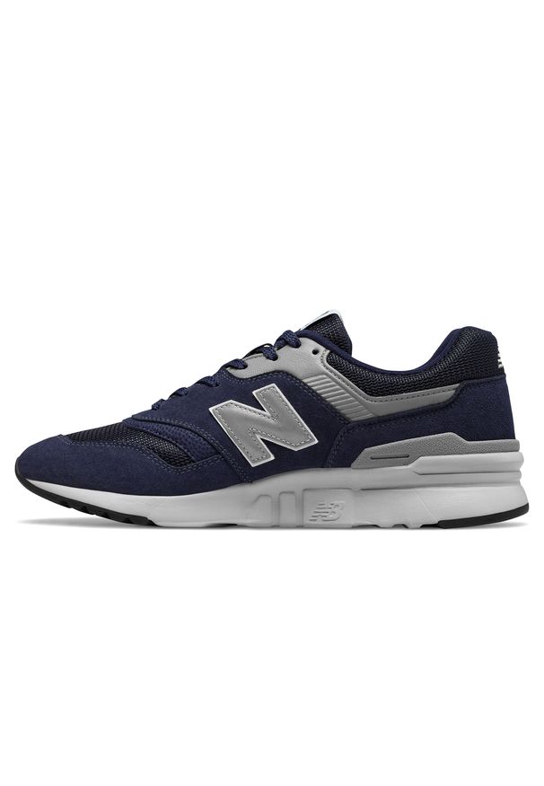 Buty męskie New Balance CM997HCE - granatowe. Okazja: na co dzień. Kolor: niebieski. Materiał: tworzywo sztuczne, materiał, syntetyk, zamsz. Szerokość cholewki: normalna