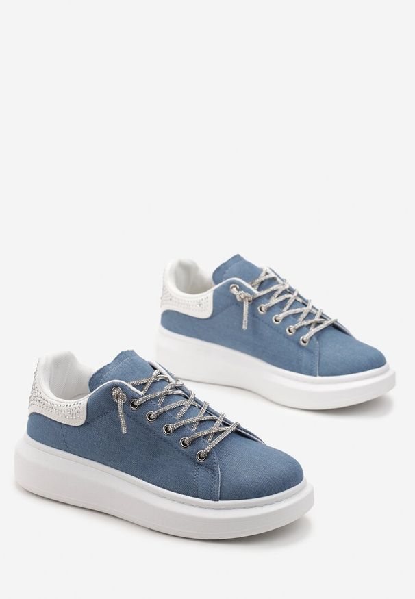 Born2be - Niebieskie Sneakersy na Grubej Podeszwie z Brokatem i Cyrkoniami Jelivia. Kolor: niebieski. Sezon: lato