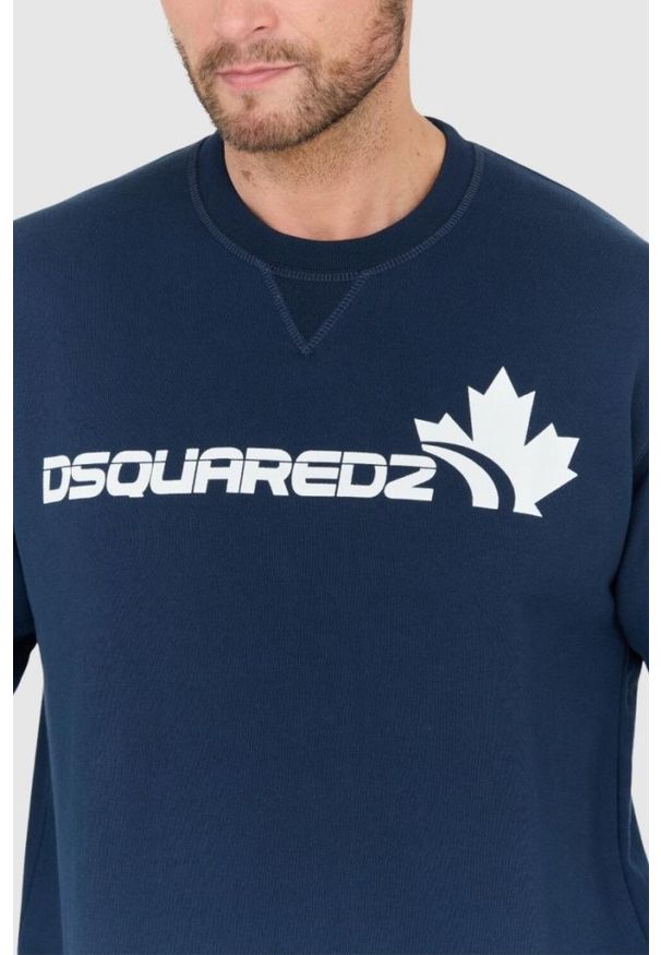 DSQUARED2 Niebieska bluza męska z białym logo z liściem, Rozmiar XL. Kolor: niebieski