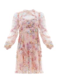 NEEDLE & THREAD - Różowa sukienka z falbanami. Okazja: na imprezę. Kolor: różowy, wielokolorowy, fioletowy. Materiał: tiul. Długość rękawa: długi rękaw. Wzór: aplikacja, kolorowy, nadruk, kwiaty. Styl: wizytowy #4