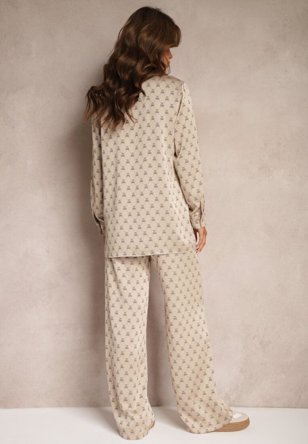 Renee - Beżowy Komplet Długie Spodnie i Klasyczna Koszula w Drobny Print Verinaes. Kolor: beżowy. Wzór: nadruk