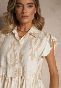 Renee - Beżowa Koszulowa Sukienka z Lnem i Wiskozą o Rozkloszowanym Kroju Aranese. Okazja: na co dzień. Typ kołnierza: kołnierzyk klasyczny. Kolor: beżowy. Materiał: len, wiskoza. Długość rękawa: krótki rękaw. Sezon: lato. Typ sukienki: koszulowe. Styl: klasyczny, casual #5