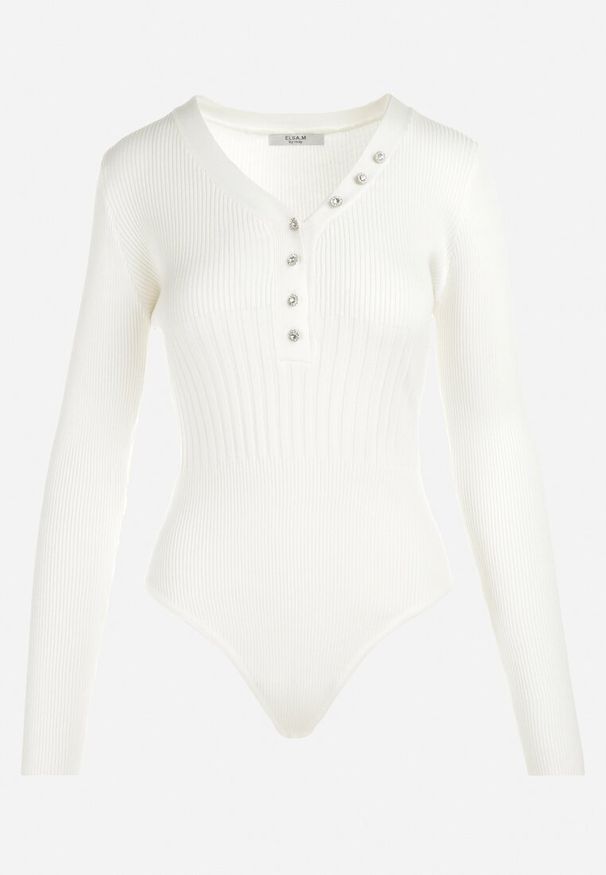 Born2be - Białe Body z Wiskozy Prążkowane Biti. Kolor: biały. Materiał: wiskoza, prążkowany. Długość: długie. Wzór: aplikacja, jednolity. Styl: klasyczny