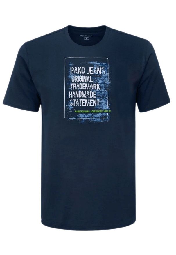 Męski T-Shirt - Pako Jeans - Granatowa, Print (Nadruk). Okazja: na co dzień. Kolor: niebieski. Materiał: bawełna. Wzór: nadruk. Styl: casual