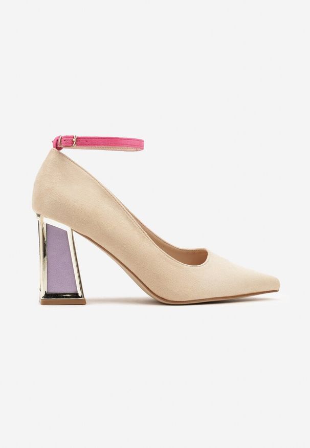 Born2be - Beżowe Czółenka na Obcasie z Metaliczną Wstawką i Paskiem Wokół Kostki Linnolira. Okazja: na co dzień. Zapięcie: pasek. Kolor: beżowy. Materiał: satyna. Wzór: paski. Obcas: na obcasie. Styl: casual, elegancki, wizytowy. Wysokość obcasa: średni