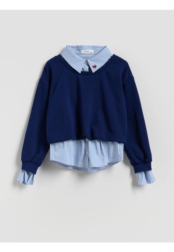 Reserved - Bluza z imitacją koszuli - granatowy. Kolor: niebieski. Materiał: bawełna