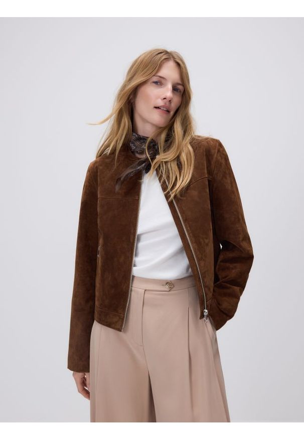 Reserved - Skórzana kurtka na zamek - brązowy. Kolor: brązowy. Materiał: skóra