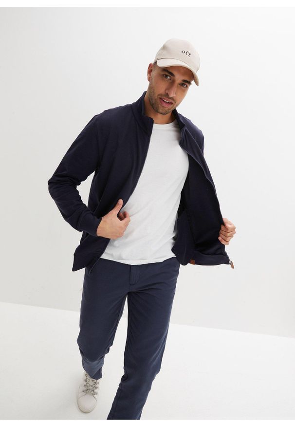 bonprix - Bluza ze stójką i detalami z imitacji skóry. Typ kołnierza: kołnierzyk stójkowy. Kolor: niebieski. Materiał: poliester, skóra