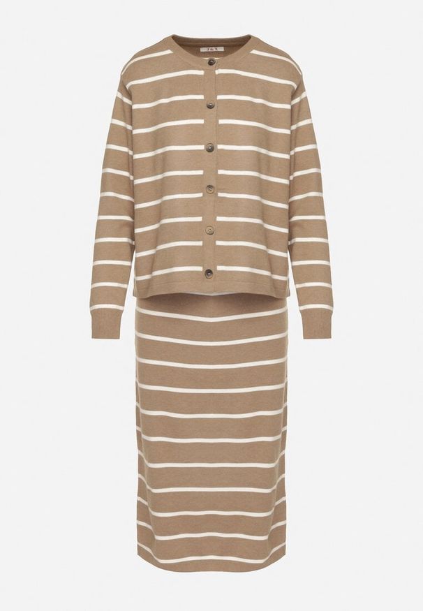 Born2be - Beżowy Komplet z Wiskozą Bluzka z Guzikami i Spódnica w Paski Asirrise. Kolor: beżowy. Materiał: wiskoza. Wzór: paski