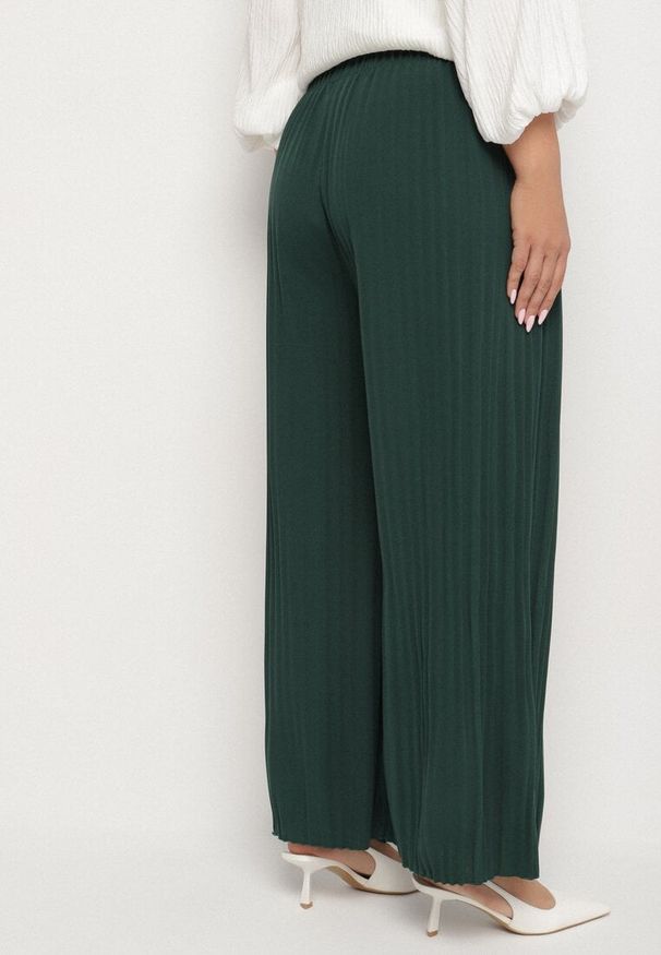Born2be - Zielone Szerokie Spodnie z Plisowanej Tkaniny z Gumką w Pasie Cesele. Kolekcja: plus size. Kolor: zielony. Materiał: tkanina. Styl: elegancki