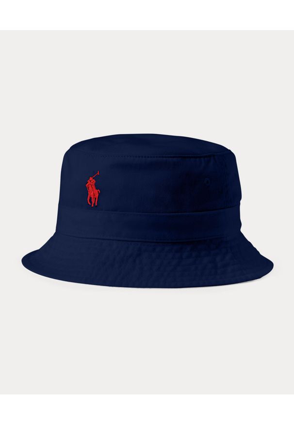 Ralph Lauren - RALPH LAUREN - Granatowy kapelusz Bucket. Kolor: niebieski. Materiał: bawełna. Wzór: haft