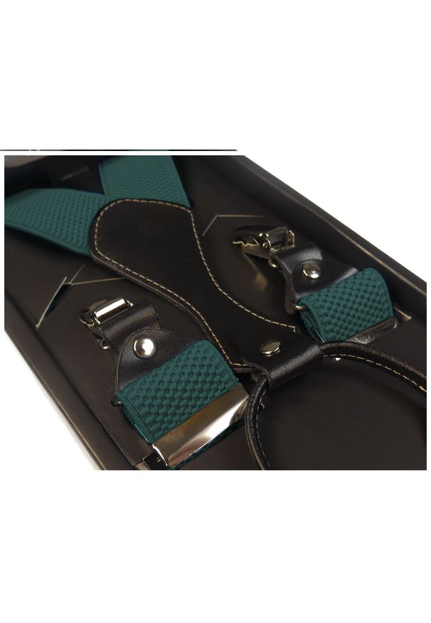 Modini - Ciemnozielone szelki do spodni SZ16. Kolor: zielony. Materiał: skóra, guma