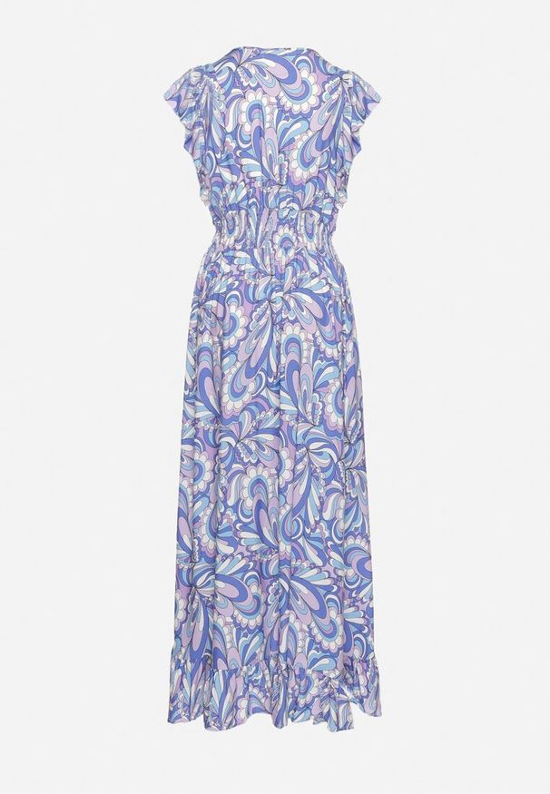 Born2be - Niebieska Asymetryczna Sukienka z Gumką w Pasie z Falbankami z Wiskozy Venimra. Typ kołnierza: kołnierz z falbankami. Kolor: niebieski. Materiał: wiskoza. Typ sukienki: asymetryczne