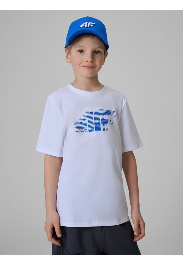 4f - 4F T-shirt regular z nadrukiem chłopięcy - biały 152 (11-12 lat). Okazja: na co dzień, na uczelnię, na spacer. Kolor: biały. Materiał: skóra, dresówka, dzianina, materiał, jeans, bawełna. Wzór: nadruk. Sezon: lato. Styl: casual, klasyczny, sportowy