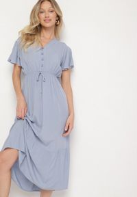 Born2be - Niebieska Bawełniana Sukienka o Rozkloszowanym Kroju z Wiązaniem w Talii Folarina. Okazja: na spacer, na co dzień. Typ kołnierza: dekolt w serek. Kolor: niebieski. Materiał: bawełna. Długość rękawa: krótki rękaw. Typ sukienki: rozkloszowane. Styl: casual, elegancki #4