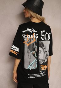 Renee - Czarna Koszulka T-shirt Oversize z Nadrukiem z Elastycznej Bawełny Taralise. Okazja: na co dzień. Kolor: czarny. Materiał: bawełna. Wzór: nadruk. Styl: elegancki, casual, sportowy #3