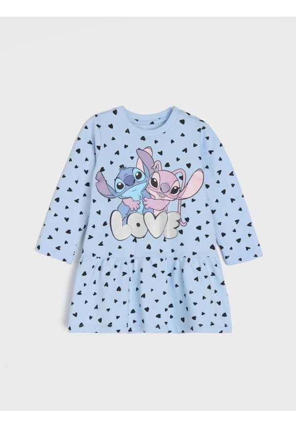 Sinsay - Sukienka z nadrukiem Stitch - błękitny. Kolor: niebieski. Materiał: bawełna. Wzór: nadruk