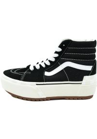 Buty do chodzenia damskie Vans SK8HI Stacked. Wysokość cholewki: za kostkę. Zapięcie: sznurówki. Kolor: czarny. Materiał: syntetyk, materiał. Szerokość cholewki: normalna. Obcas: na platformie. Model: Vans SK8. Sport: turystyka piesza, skateboard