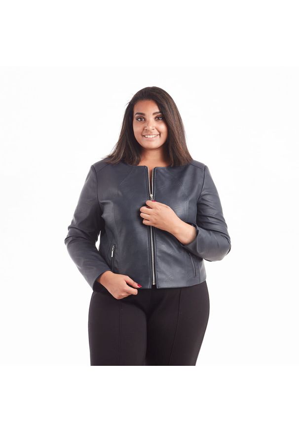 Niebieski żakiet Moda Size Plus Iwanek w kolorowe wzory, elegancki