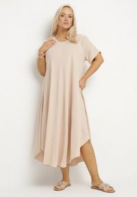 Born2be - Beżowa Rozkloszowana Sukienka z Bawełną Elzedia. Okazja: na co dzień. Kolor: beżowy. Materiał: bawełna. Typ sukienki: rozkloszowane. Styl: casual, elegancki #1