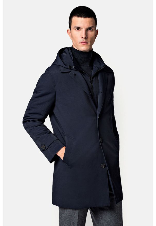 Lancerto - Płaszcz Granatowy Kensington. Okazja: na co dzień. Typ kołnierza: kaptur. Kolor: niebieski. Materiał: bawełna, jeans, materiał, nylon. Styl: klasyczny, casual
