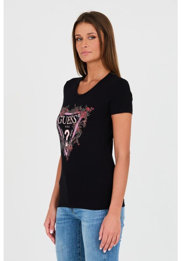 Guess - GUESS Czarny damski t-shirt bawełniany z logo, Rozmiar S. Kolor: czarny. Materiał: bawełna. Wzór: nadruk
