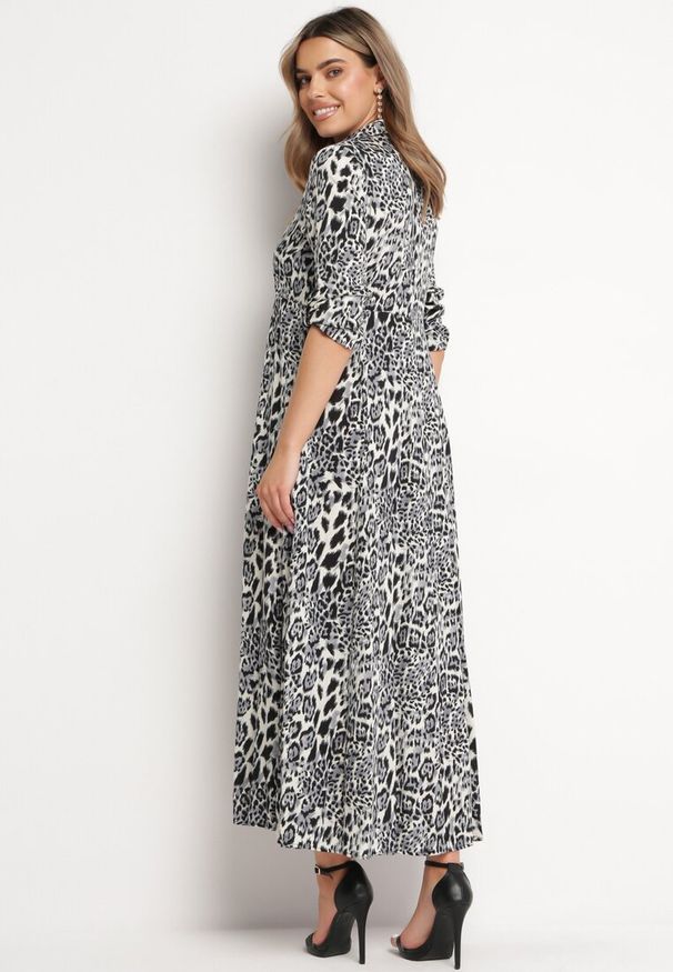 Born2be - Szaro-Granatowa Sukienka Adolia. Kolor: szary. Długość rękawa: długi rękaw. Wzór: motyw zwierzęcy. Typ sukienki: koszulowe. Długość: maxi