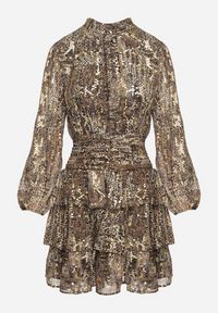 Born2be - Brązowa Rozkloszowana Sukienka w Panterkę z Falbankami i Gumkami w Pasie Tinnorisa. Okazja: na imprezę. Typ kołnierza: kołnierz z falbankami. Kolor: brązowy. Wzór: motyw zwierzęcy. Typ sukienki: rozkloszowane. Styl: elegancki #4