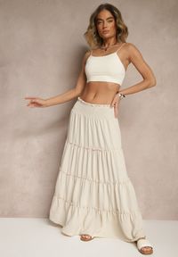 Renee - Jasnobeżowa Rozkloszowana Spódnica z Gumką w Talii Zdobiona Falbanami Dovinelle. Okazja: na co dzień. Kolor: beżowy. Wzór: aplikacja. Styl: casual, elegancki