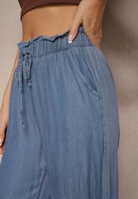 Renee - Niebieskie Spodnie z Bawełny High Waist z Gumką i Wiązaniem w Talii Lisadriela. Okazja: na co dzień. Stan: podwyższony. Kolor: niebieski. Materiał: bawełna. Sezon: lato, wiosna. Styl: casual, elegancki