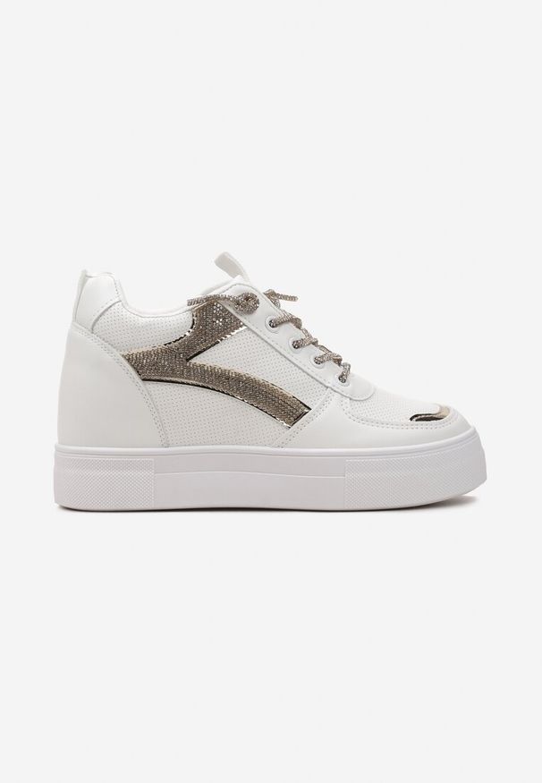 Renee - Biało-Złote Sneakersy ze Wstawką z Cyrkonii na Ukrytym Koturnie Hricane. Okazja: na co dzień. Kolor: biały. Obcas: na koturnie