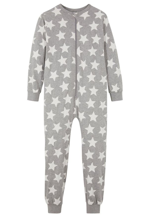 bonprix - Piżama jednoczęściowa z miękkiej bawełny organicznej. Kolor: szary. Materiał: bawełna. Wzór: nadruk