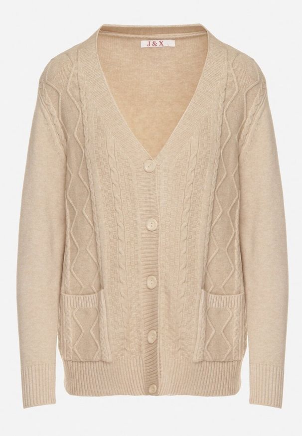 Born2be - Jasnobeżowy Kardigan z Bawełną Zdobiony Warkoczowym Splotem i Kieszeniami Mevesava. Okazja: na co dzień. Typ kołnierza: dekolt w serek. Kolor: beżowy. Materiał: bawełna. Wzór: ze splotem, aplikacja. Sezon: zima, jesień. Styl: casual, klasyczny