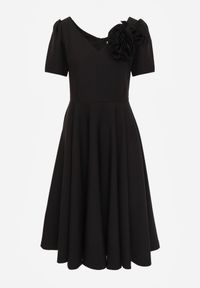 Born2be - Czarna Elegancka Rozkloszowana Sukienka z Kwiatem 3D Eugorus. Kolor: czarny. Wzór: kwiaty. Styl: elegancki #5